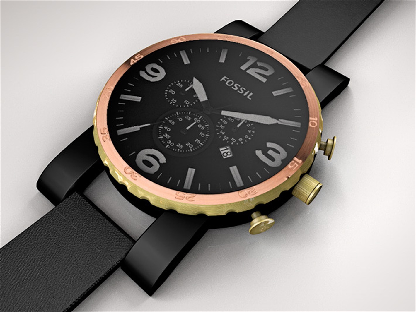 Render 3D dell'orologio Fossil JR-1369 visto di lato, cassa nera con ghiera in oro rosa e pulsanti dorati