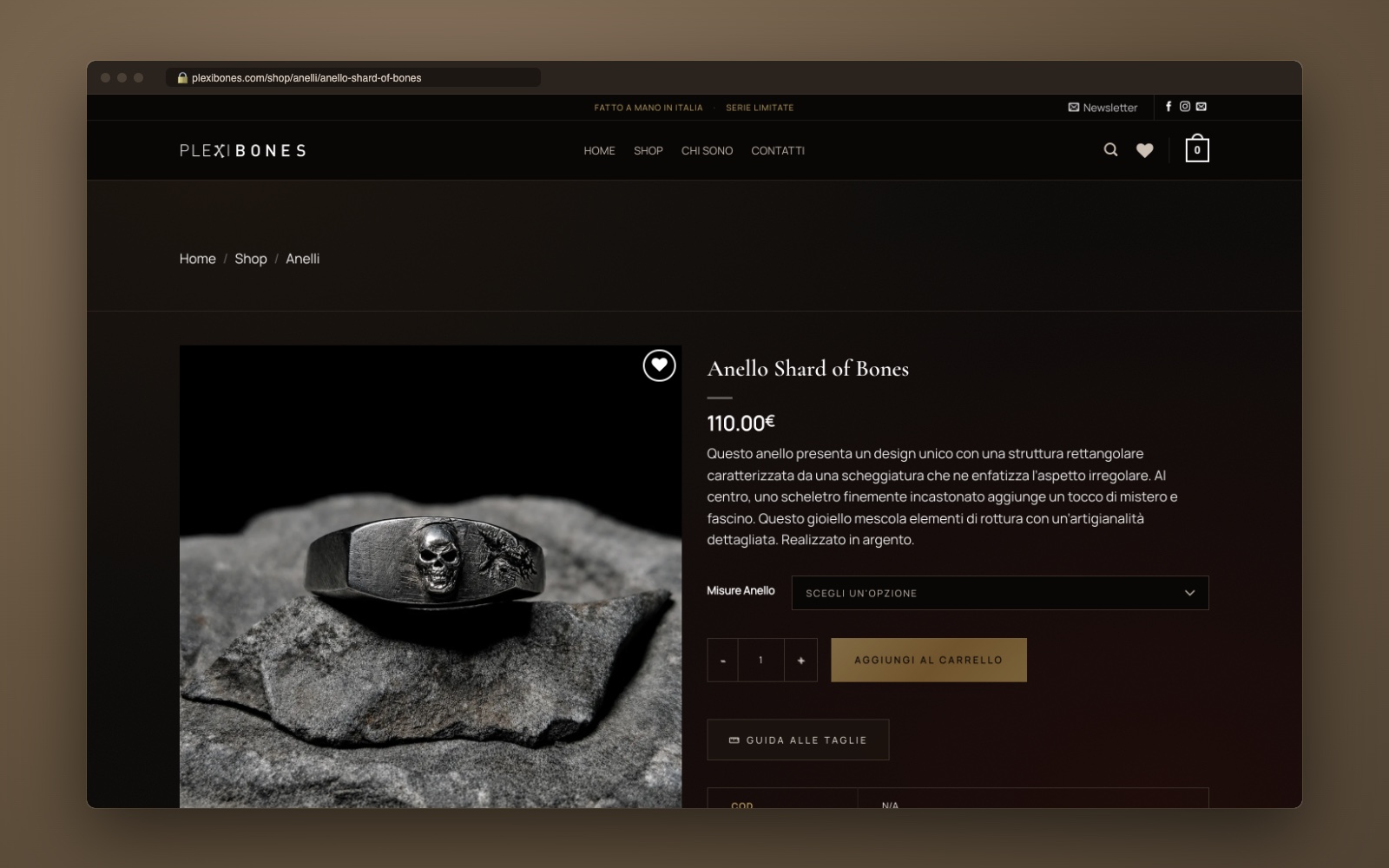 Plexibones: scheda dell’Anello Shard of Bones con scelta della misura e pulsante Guida alle taglie