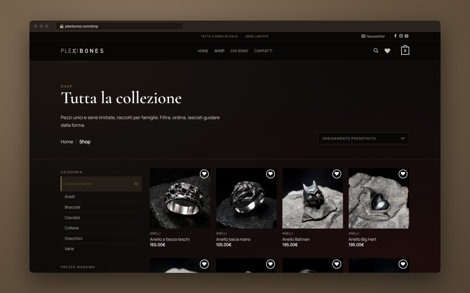 Plexibones: la pagina Shop con filtri per categoria e prezzo e la griglia dei gioielli